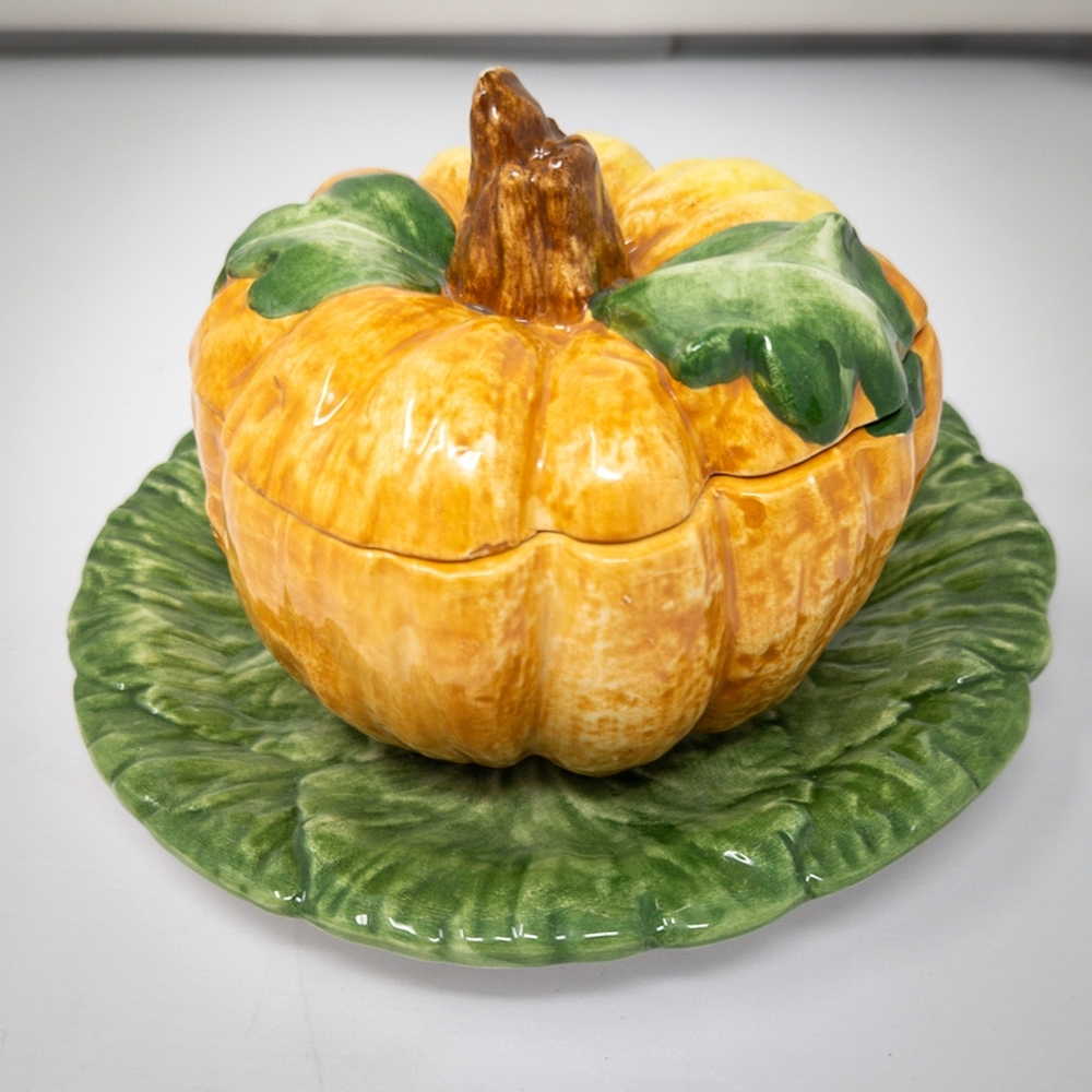 Vintage Vietri Italian Pumpkin Dish/Lid & Cabbage Leaf Plate Hand-Painted Tureen